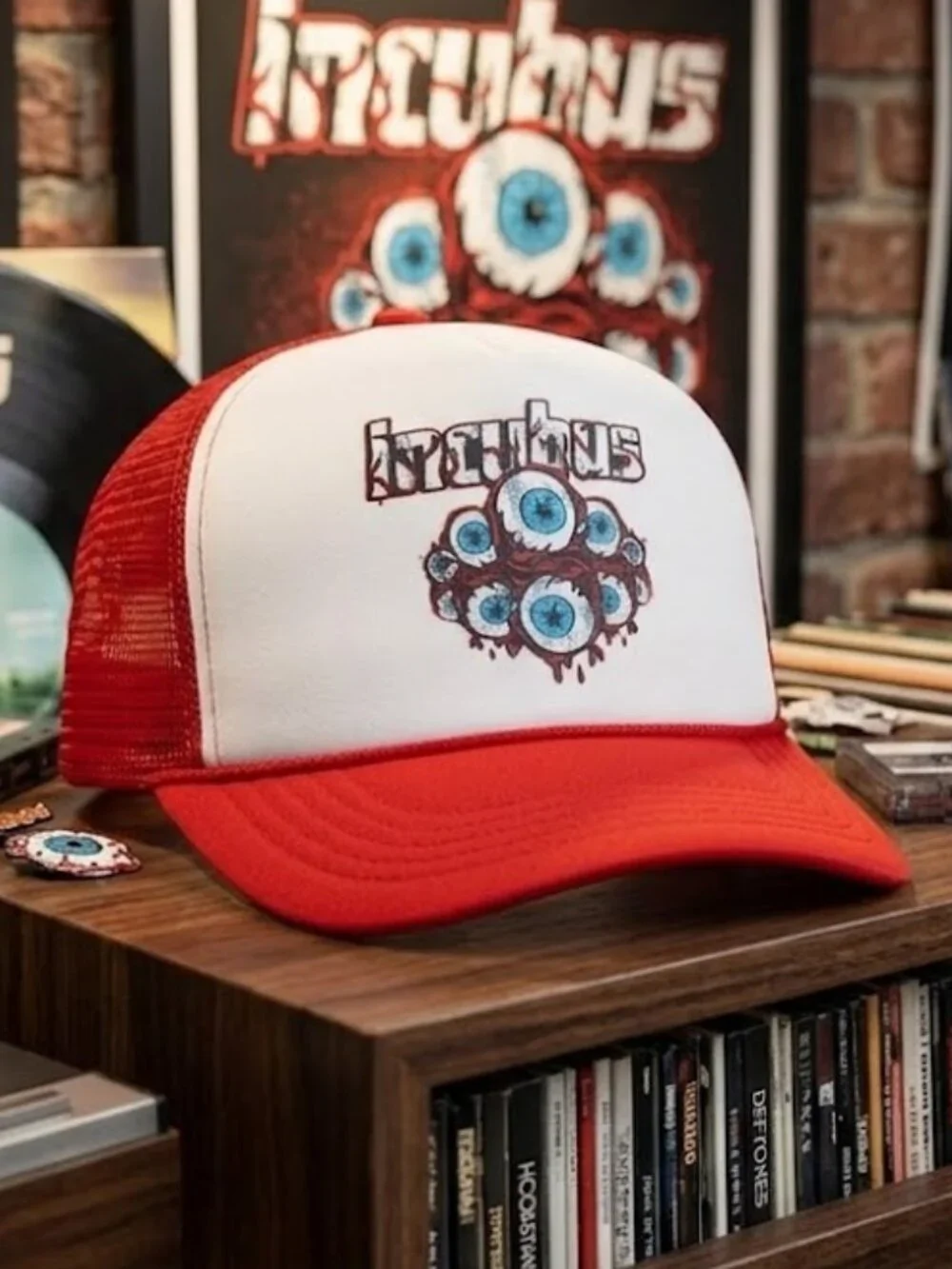 Retro Incubus Band Eyeball Art Foam Trucker Hat Red White Rope Cap New Y2K USA
